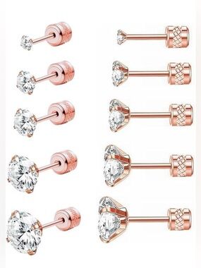 Rose Gold Cubic Zirconia Stud Earrings - 5 Pair Set
